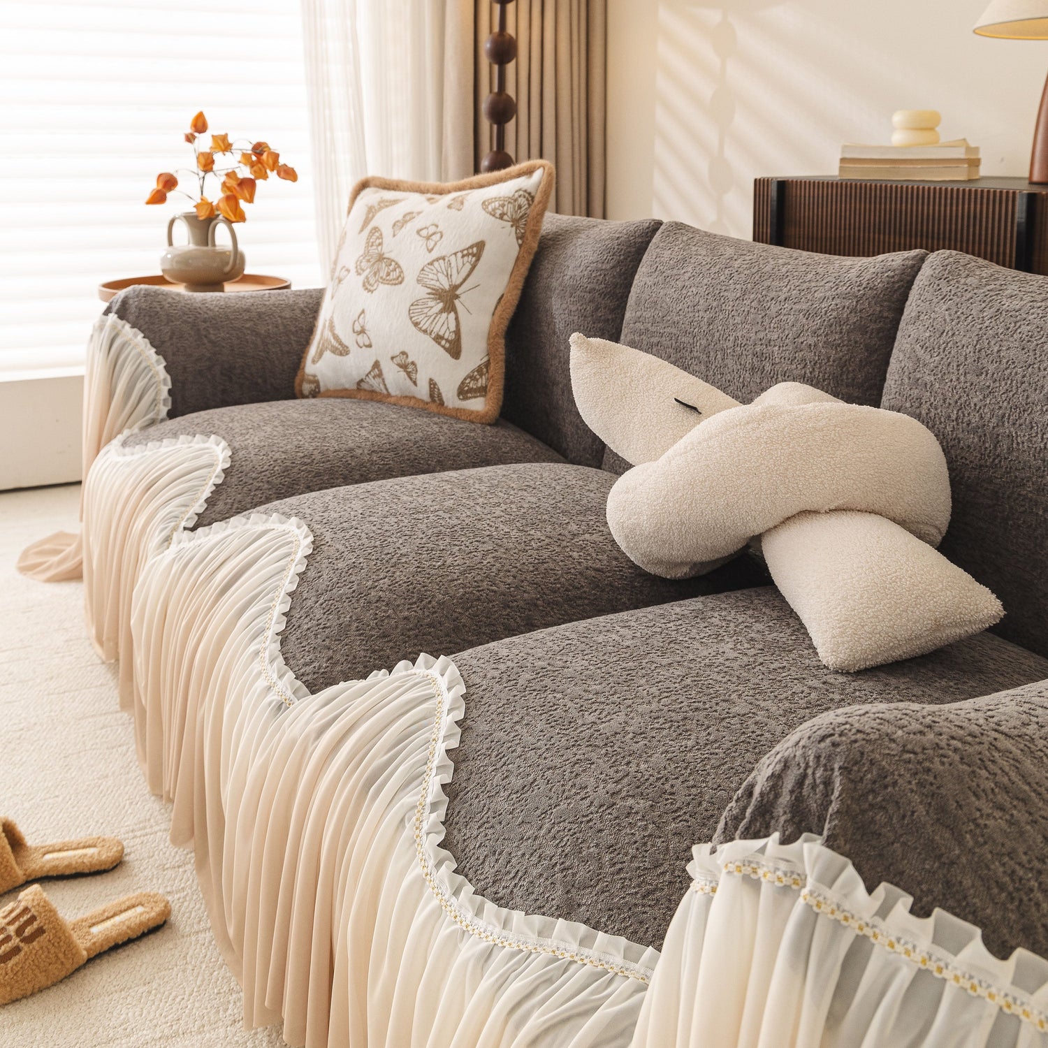 Luxury Sofa Throw Cover with Elegant Ruffled Skirt, Soft Decorative Couch Protector