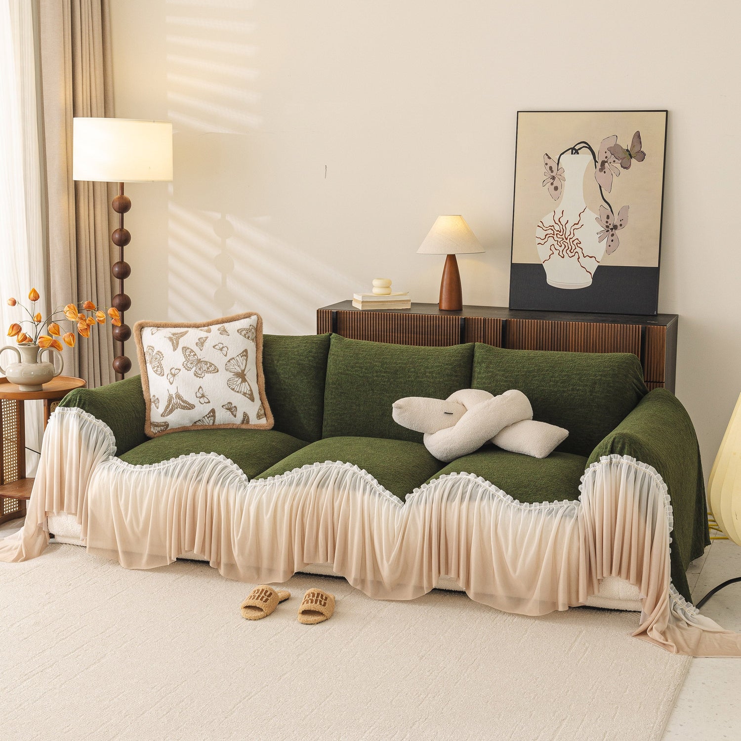 Luxury Sofa Throw Cover with Elegant Ruffled Skirt, Soft Decorative Couch Protector