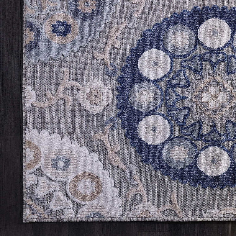 Spring Blue Bohemian Medallion Floral Non-Shedding Indoor/Outdoor Area Rugs - Ornate Home