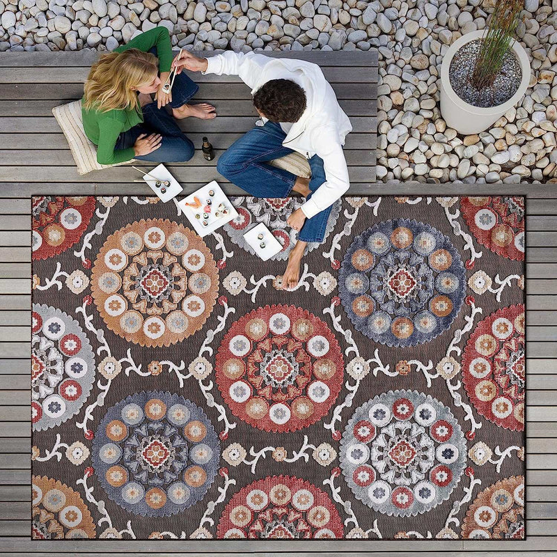 Spring Brown Bohemian Medallion Floral Non-Shedding Indoor/Outdoor Area Rugs - Ornate Home