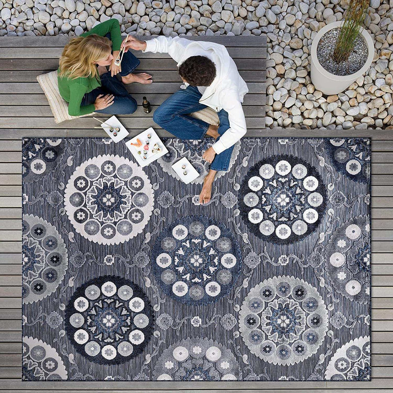 Spring Navy Color Bohemian Medallion Floral Non-Shedding Indoor/Outdoor Area Rugs - Ornate Home