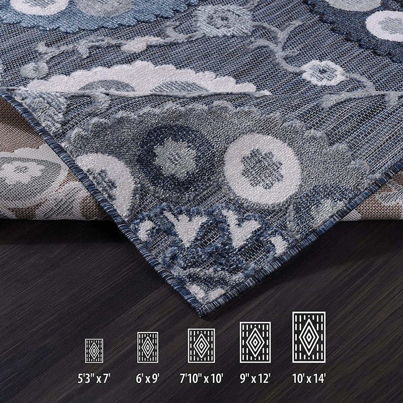 Spring Navy Color Bohemian Medallion Floral Non-Shedding Indoor/Outdoor Area Rugs - Ornate Home