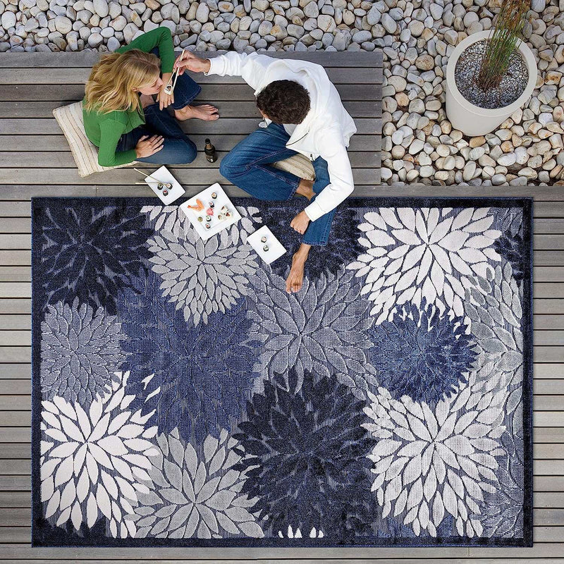 Spring Navy Floral Exotic Tropical Non-Shedding Indoor/Outdoor Area Rugs - Ornate Home