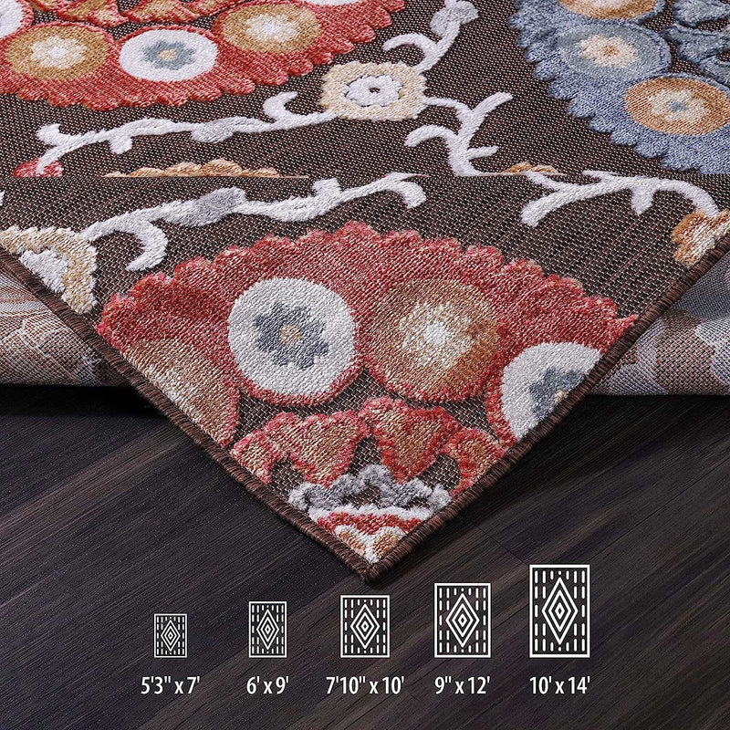Spring Brown Bohemian Medallion Floral Non-Shedding Indoor/Outdoor Area Rugs - Ornate Home
