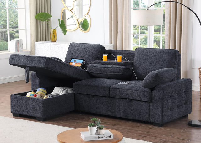 Mackenzie Charcoal 91"W Chenille Reversible Sleeper Sectional Sofa with Storage Chaise