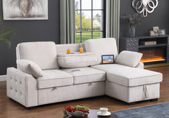 Mackenzie Beige 91"W Chenille Reversible Sleeper Sectional Sofa with Storage Chaise
