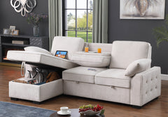 Mackenzie Beige 91"W Chenille Reversible Sleeper Sectional Sofa with Storage Chaise