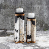Illini Black/White/Woodtone Stone Candleholders (Set of 2)