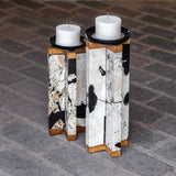 Illini Black/White/Woodtone Stone Candleholders (Set of 2)