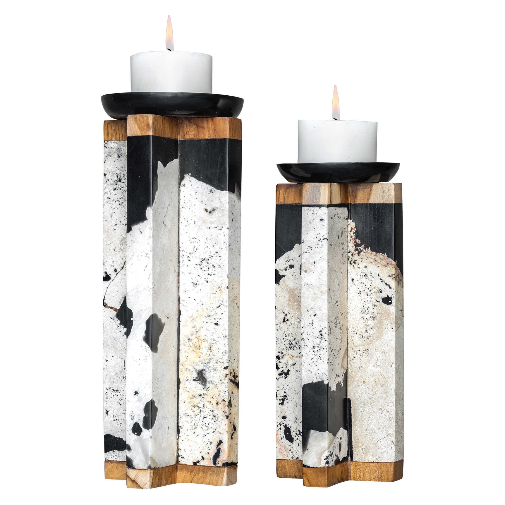 Illini Black/White/Woodtone Stone Candleholders (Set of 2)