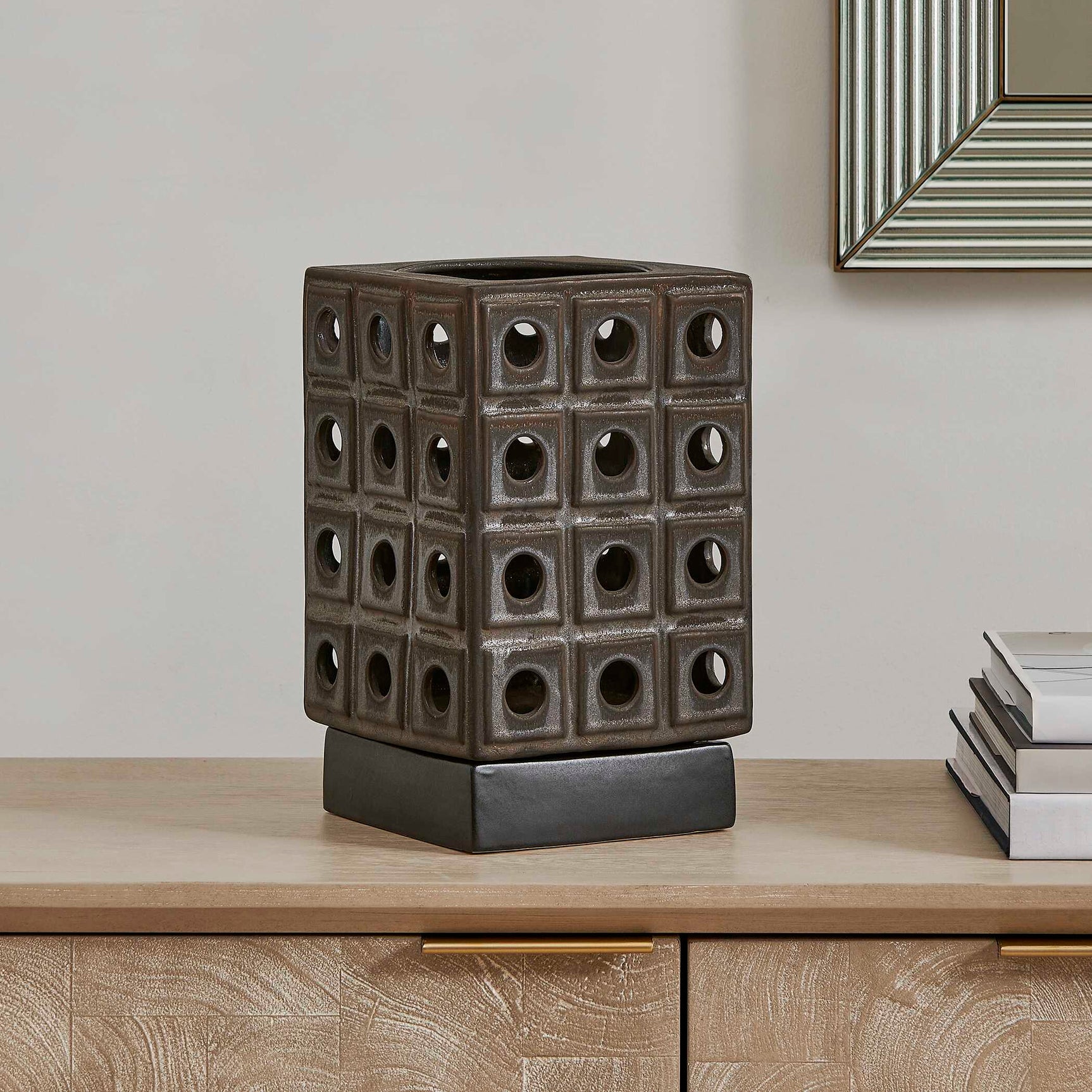 Lattice Brown/Gray Indoor-Outdoor Lantern Candleholder