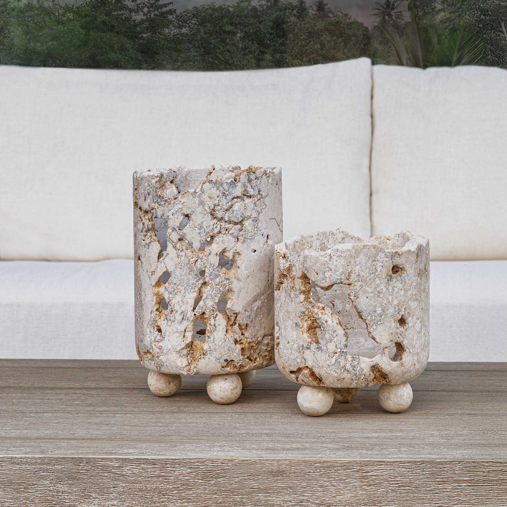 Indoor-Outdoor Quarried Stone Brown/White Candleholders (Set of 2)
