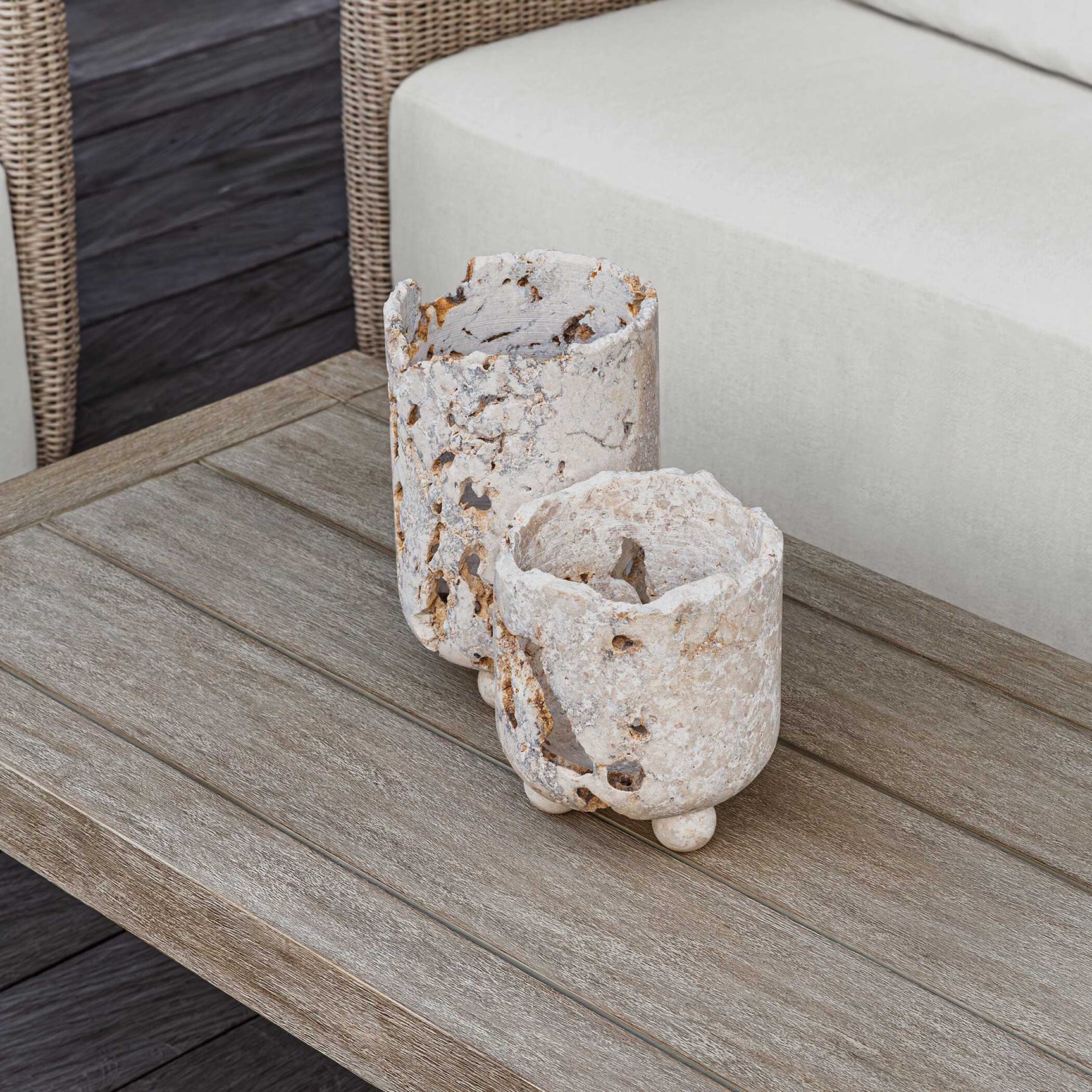 Indoor-Outdoor Quarried Stone Brown/White Candleholders (Set of 2)