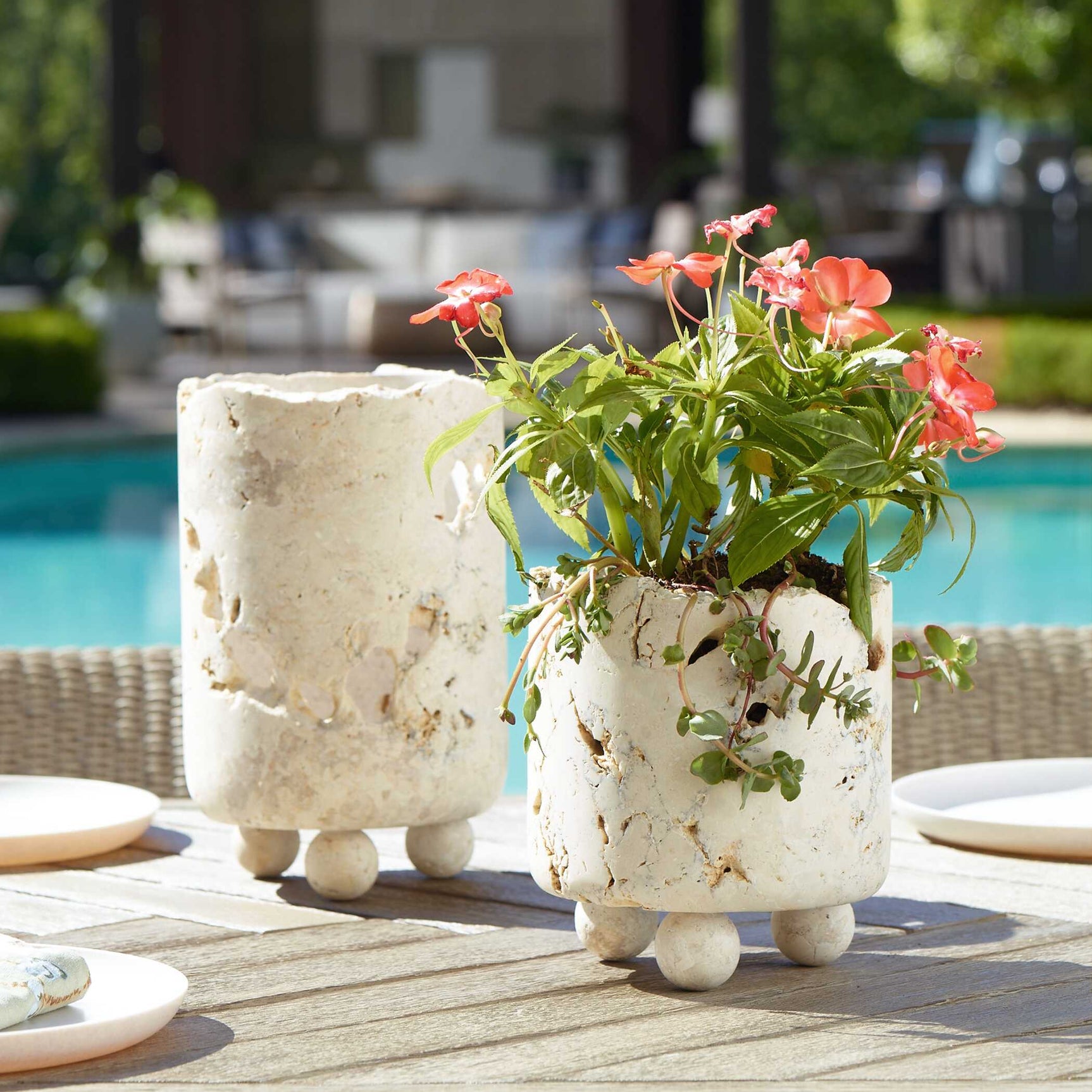 Indoor-Outdoor Quarried Stone Brown/White Candleholders (Set of 2)