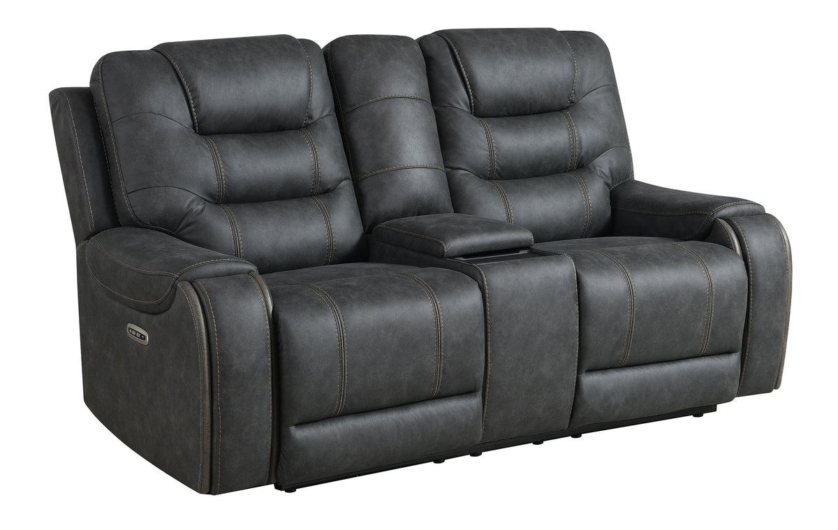 Tooele Graphite Fabric Dual Power Reclining Loveseat with Console