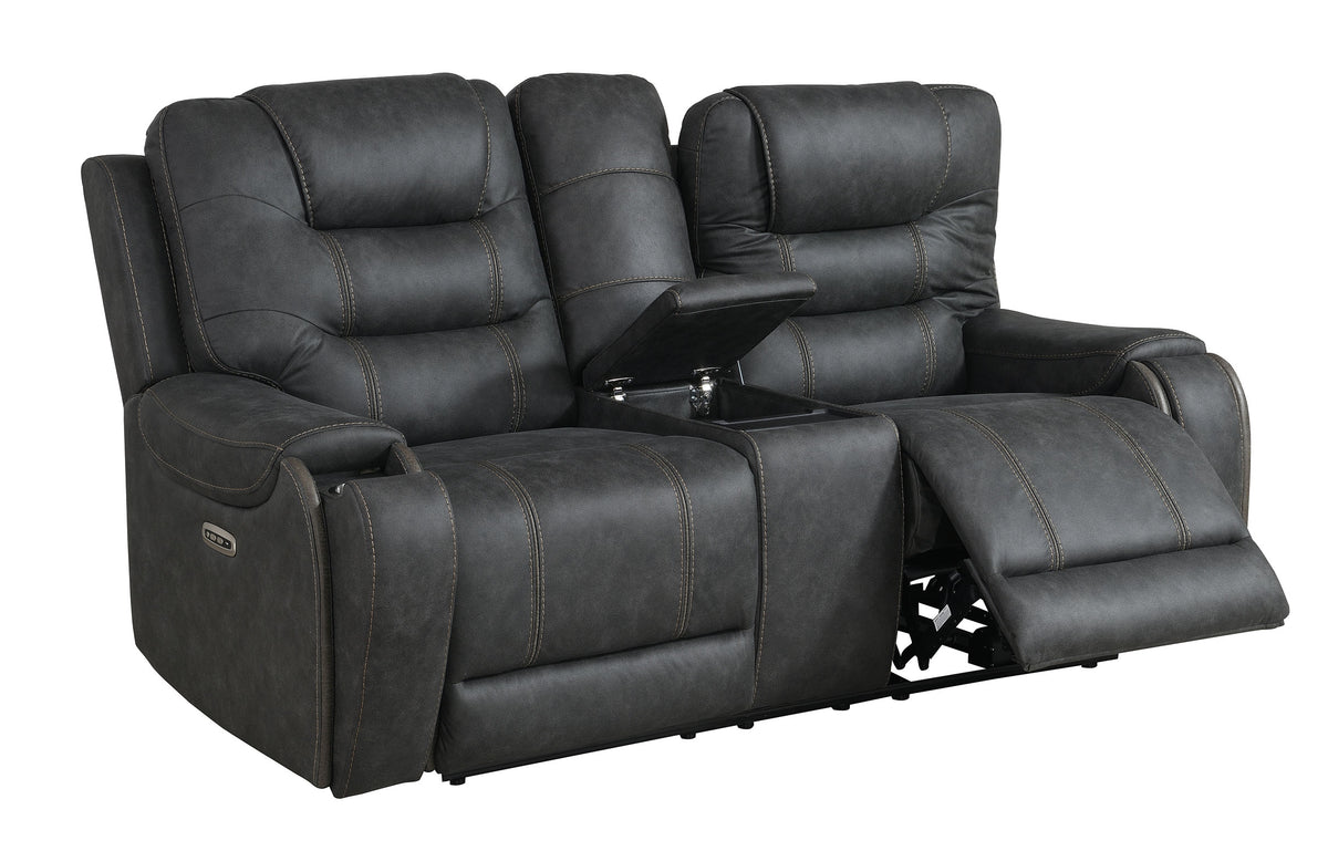 Tooele Graphite Fabric Dual Power Reclining Loveseat with Console
