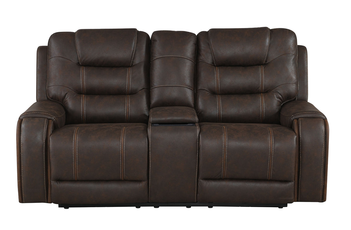 Cedar Brown Fabric Dual Power Reclining Loveseat with Console