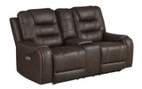 Cedar Brown Fabric Dual Power Reclining Loveseat with Console