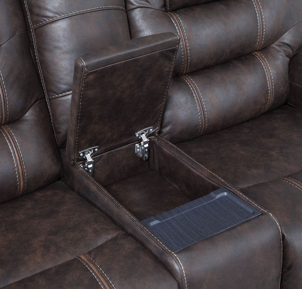 Cedar Brown Fabric Dual Power Reclining Loveseat with Console
