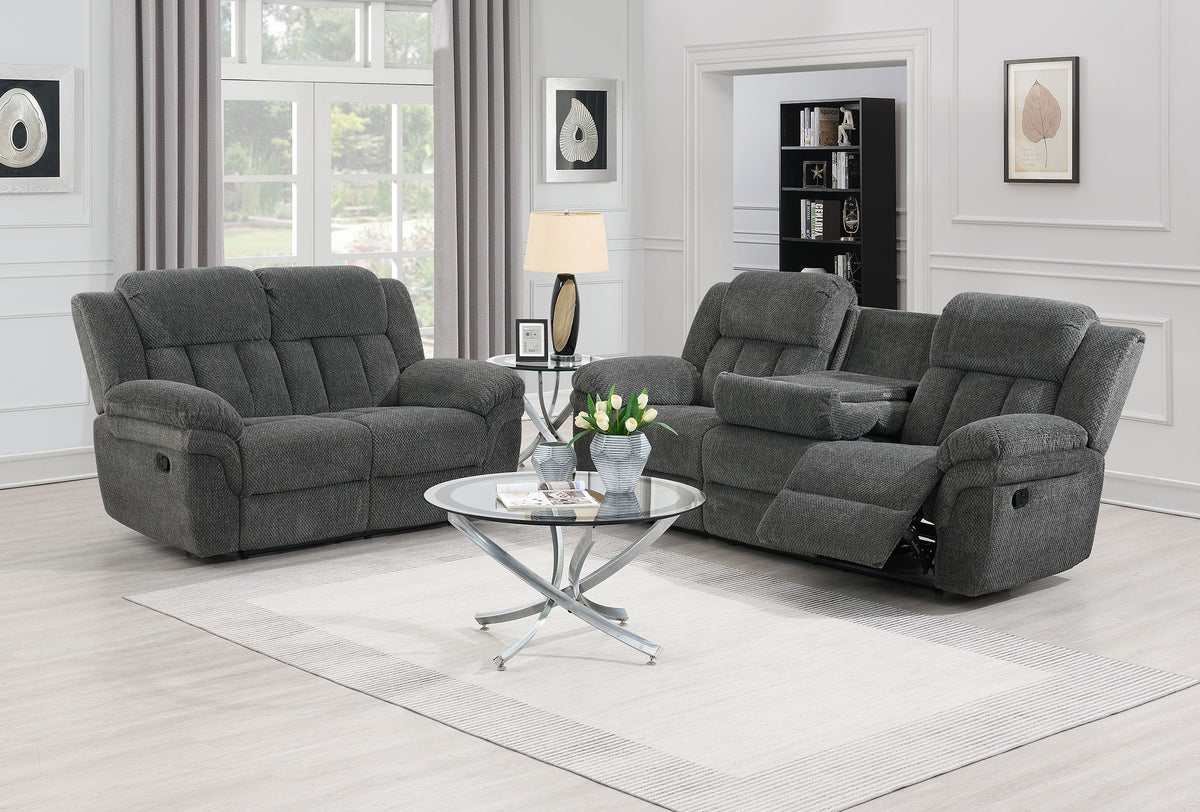 Lehi Gray Fabric Reclining Sofa with Drop-Down Table