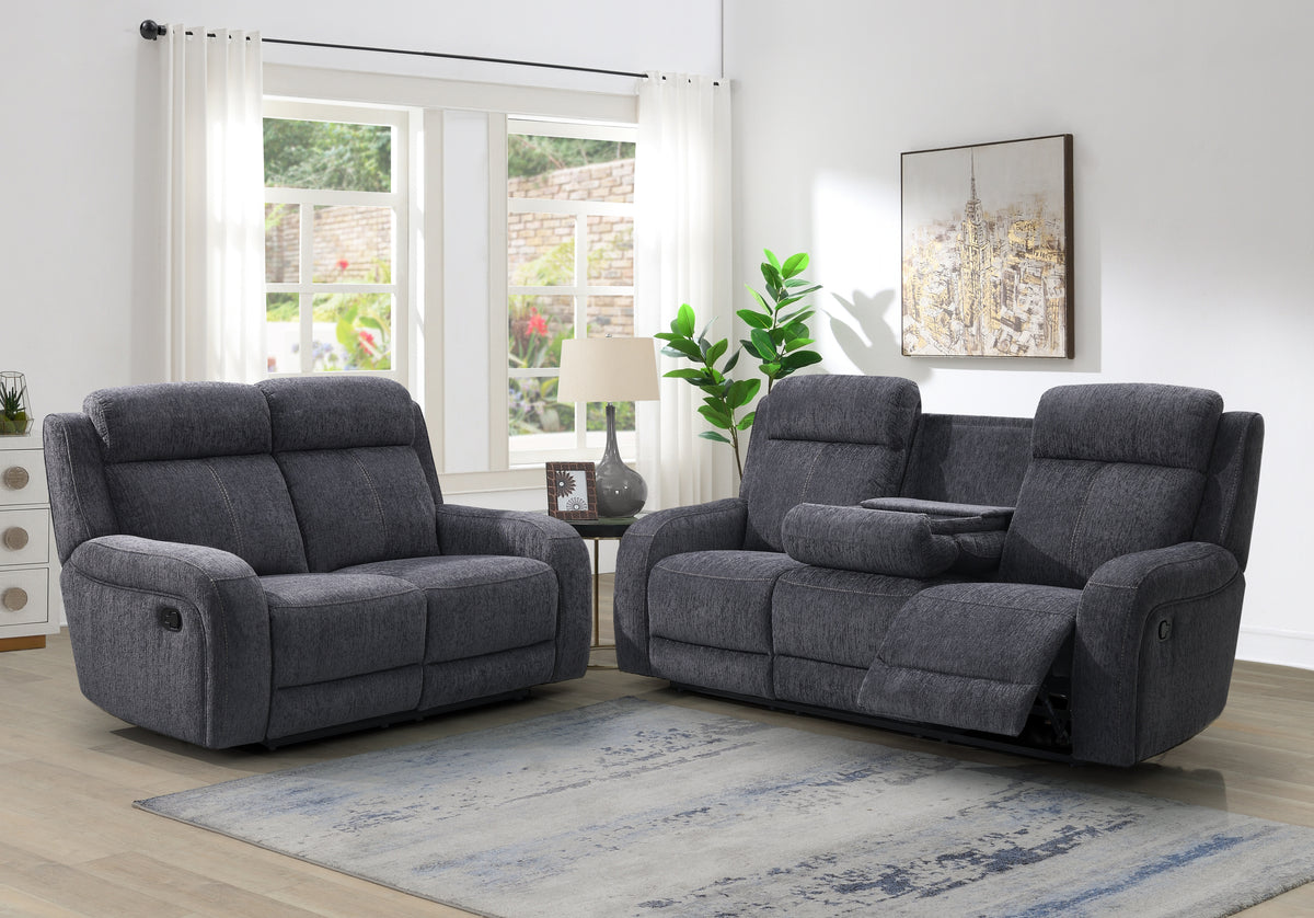 Moab Charcoal Fabric Reclining Sofa with Drop-Down Table