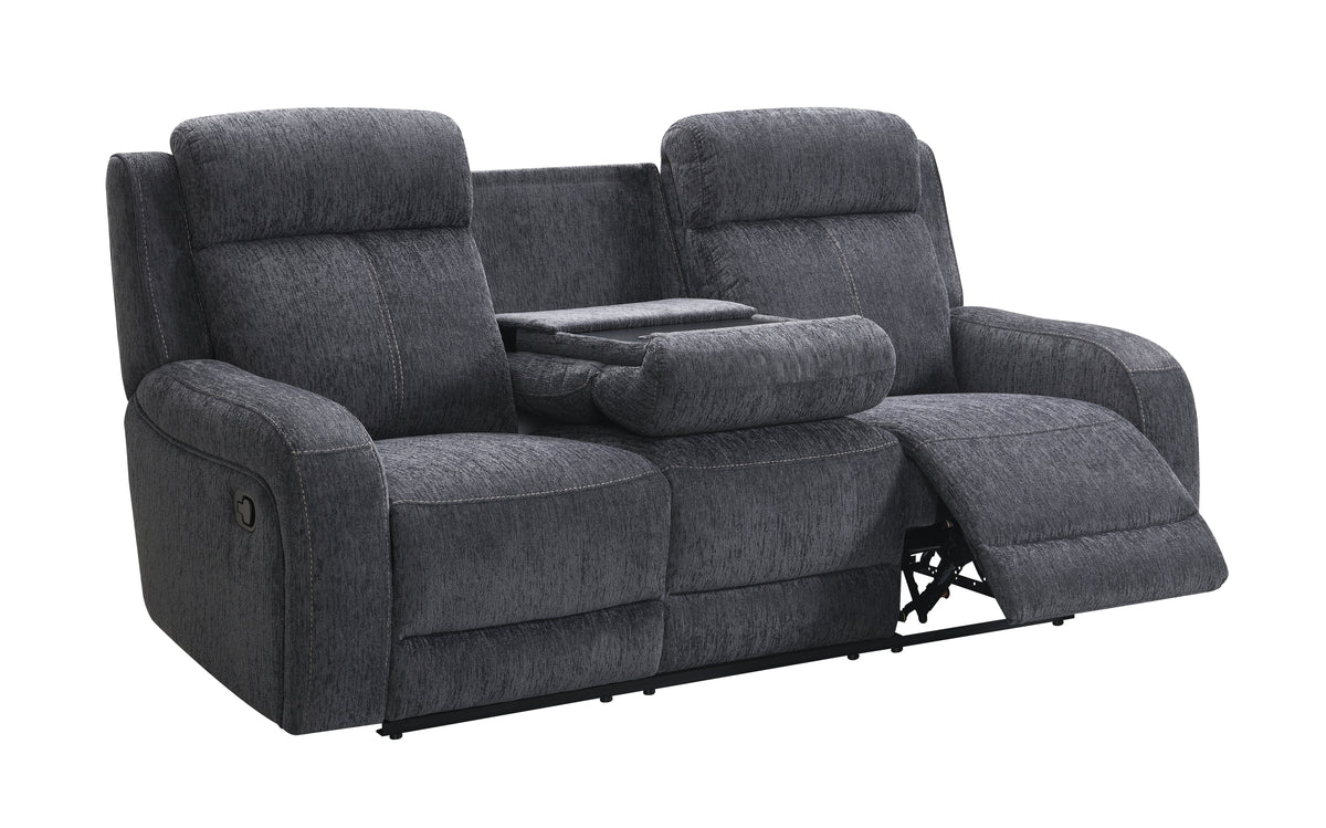 Moab Charcoal Fabric Reclining Sofa with Drop-Down Table