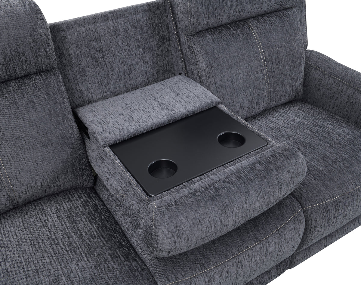 Moab Charcoal Fabric Reclining Sofa with Drop-Down Table