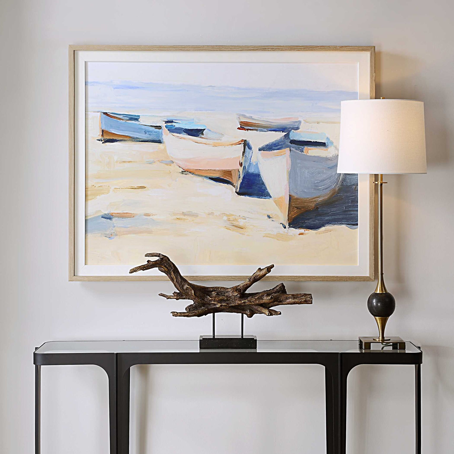 Beached Boats Multicolor Framed Print