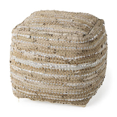 Aadhya Taupe/Silver Leather and Cotton Pouf - Ornate Home