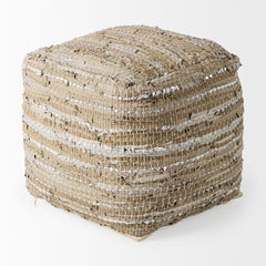 Aadhya Taupe/Silver Leather and Cotton Pouf - Ornate Home