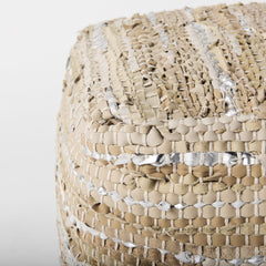 Aadhya Taupe/Silver Leather and Cotton Pouf - Ornate Home