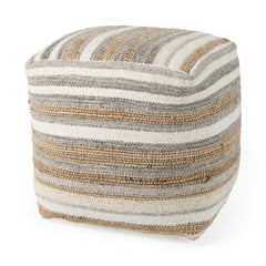 Aahana White/Taupe/Gray Striped Hemp and Cotton Pouf - Ornate Home
