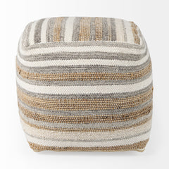 Aahana White/Taupe/Gray Striped Hemp and Cotton Pouf - Ornate Home
