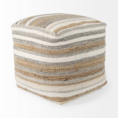 Aahana White/Taupe/Gray Striped Hemp and Cotton Pouf - Ornate Home