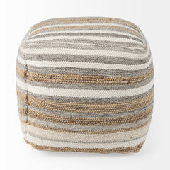 Aahana White/Taupe/Gray Striped Hemp and Cotton Pouf - Ornate Home