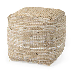 Aalia Beige Leather and Jute Pouf - Ornate Home