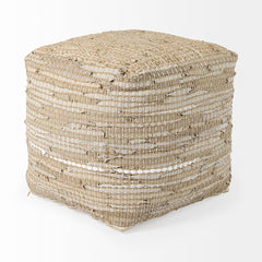 Aalia Beige Leather and Jute Pouf - Ornate Home