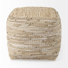 Aalia Beige Leather and Jute Pouf - Ornate Home