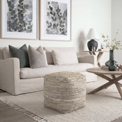 Aalia Beige Leather and Jute Pouf - Ornate Home
