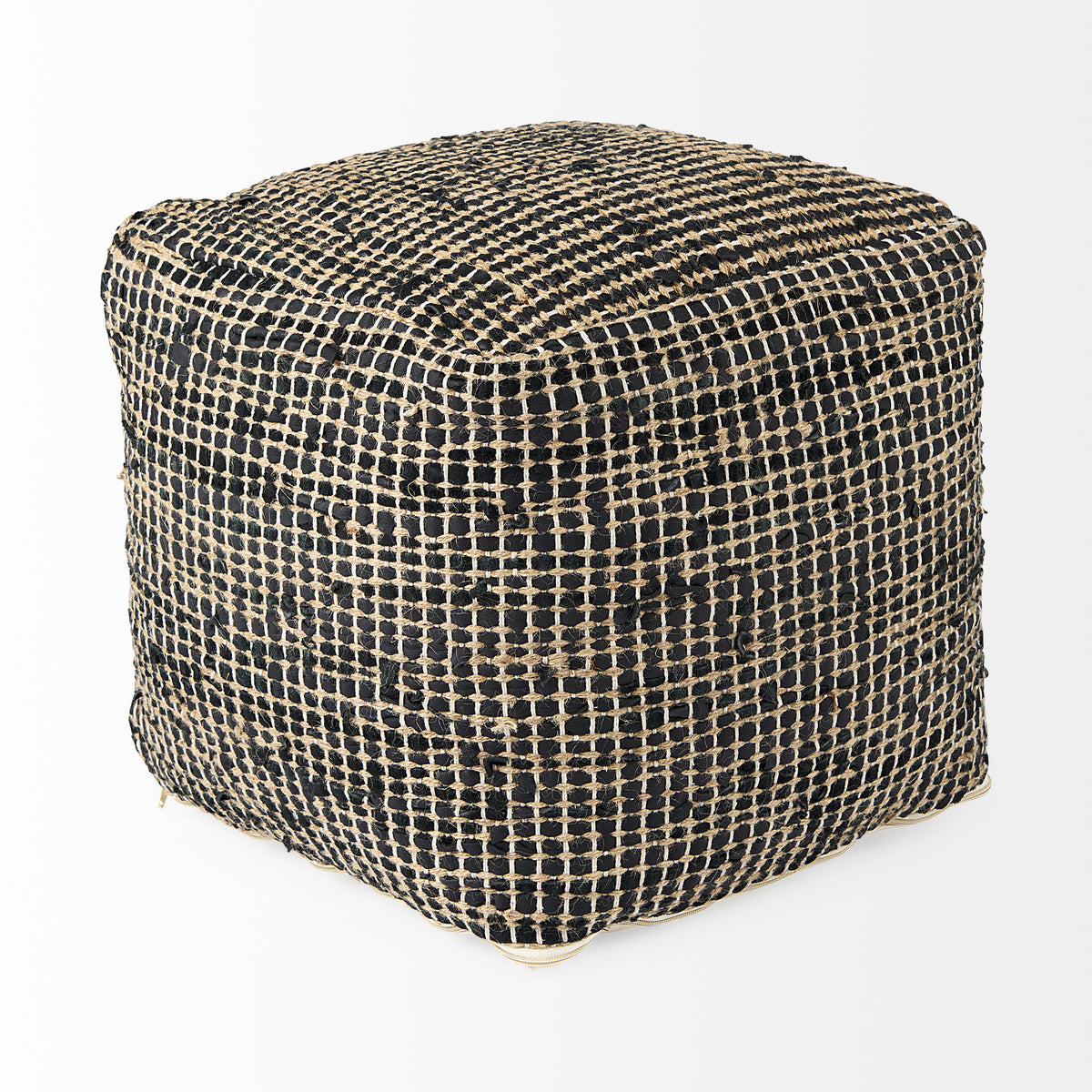Aalia Charcoal Leather and Jute Pouf - Ornate Home