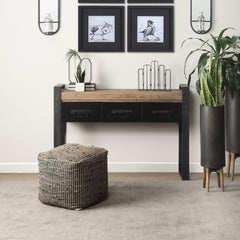Aalia Charcoal Leather and Jute Pouf