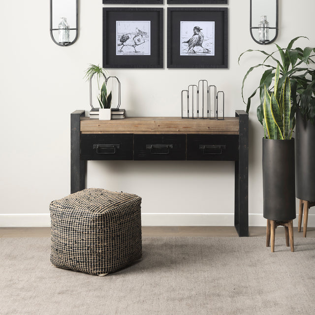 Aalia Charcoal Leather and Jute Pouf - Ornate Home