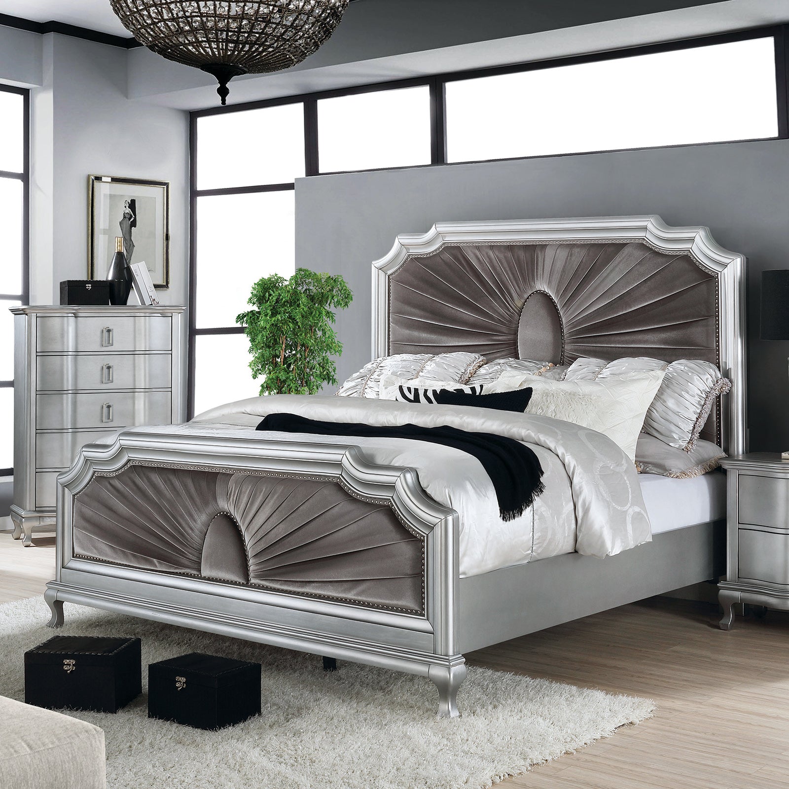 Aalok Silver/Warm Gray 5 Pc. Queen Bedroom Set w/ Night Stand - Ornate Home