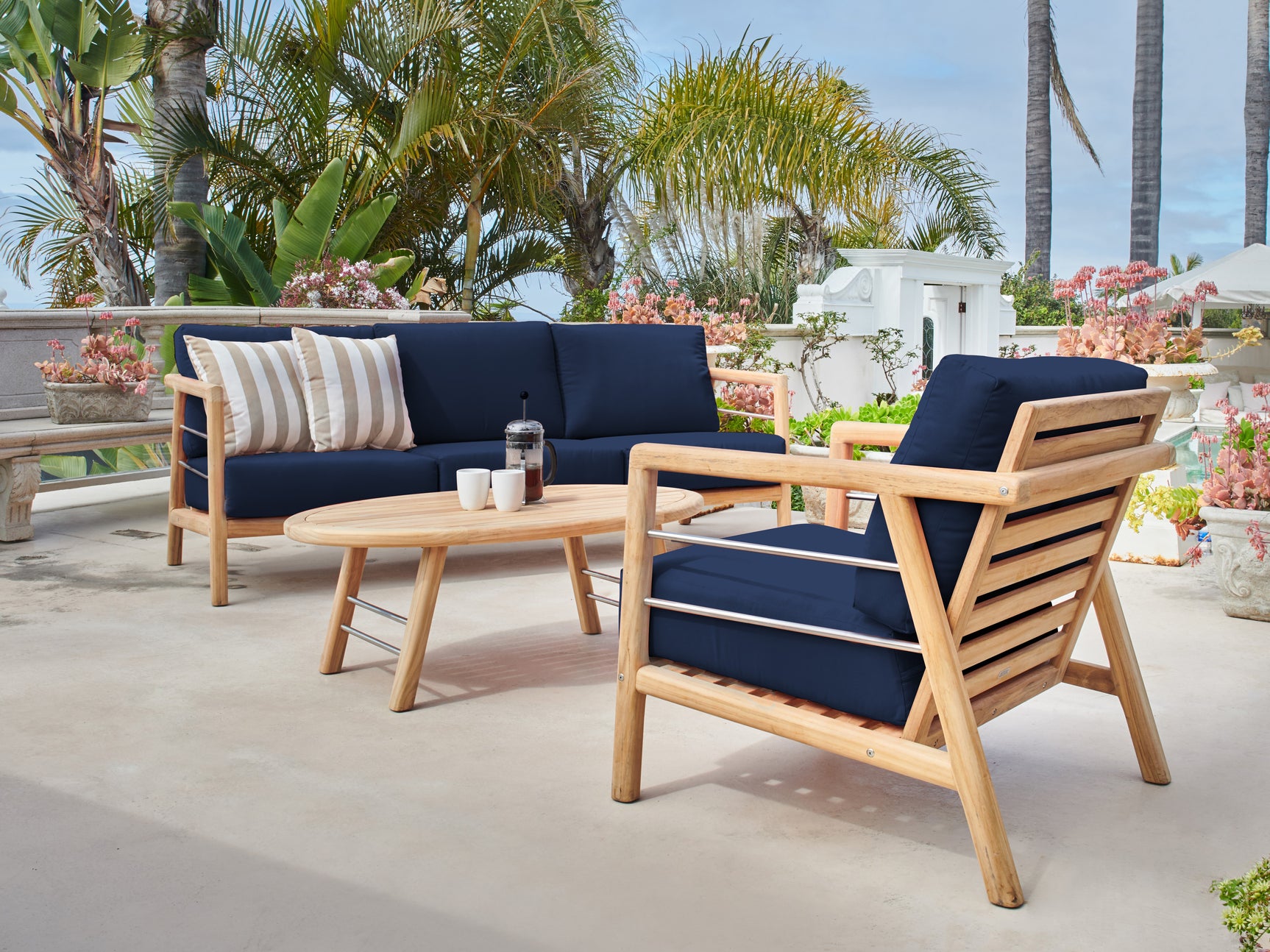 Aalto 3-Person Teak Navy Outdoor Sofa with Sunbrella® Cushion - Ornate Home