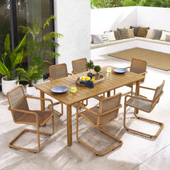 Abacus Natural 7-Piece Rectangular Outdoor Patio Aluminum Dining Table Set with Rattan Armchairs - Ornate Home