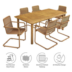 Abacus Natural 7-Piece Rectangular Outdoor Patio Aluminum Dining Table Set with Rattan Armchairs - Ornate Home