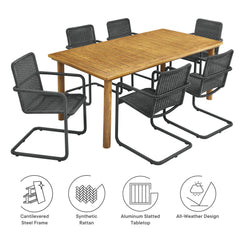 Abacus Slate/Natural 7-Piece Rectangular Outdoor Patio Aluminum Dining Table Set with Rattan Armchairs - Ornate Home
