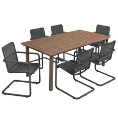 Abacus Slate/Walnut 7-Piece Rectangular Outdoor Patio Aluminum Dining Table Set with Rattan Armchairs - Ornate Home