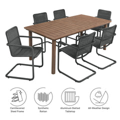 Abacus Slate/Walnut 7-Piece Rectangular Outdoor Patio Aluminum Dining Table Set with Rattan Armchairs - Ornate Home