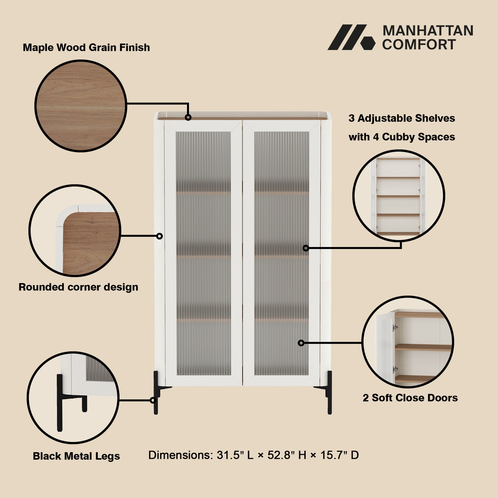 Abbey Décor Glass Cabinet in Maple and Off White - Ornate Home